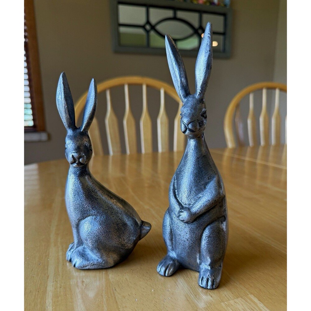 Set of 2 Silver Pottery Barn Metal Rabbit Figurines, Metallic Decor